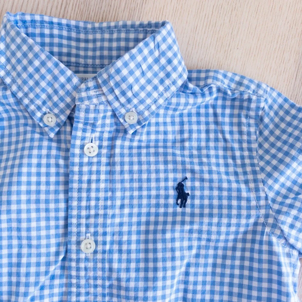 Ralph Lauren Button Down Shirt Blue White Gingham Plaid Short Sleeve Baby 18M